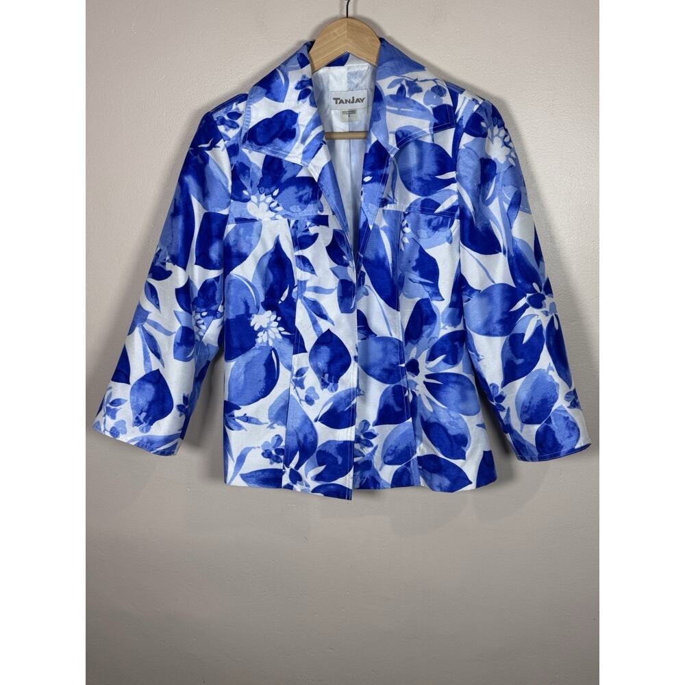 Tanjay Womens Floral Blazer Blue Tropical Beach 3/4 Sleeve Lagenlook Preppy 8